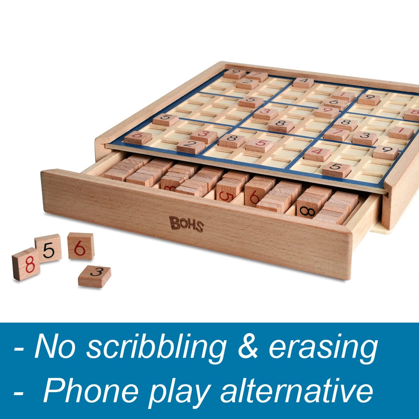 BOHS Wooden Sudoku Board Game with Drawer – 100 Puzzles Book – Brain Teaser Desktop Toy