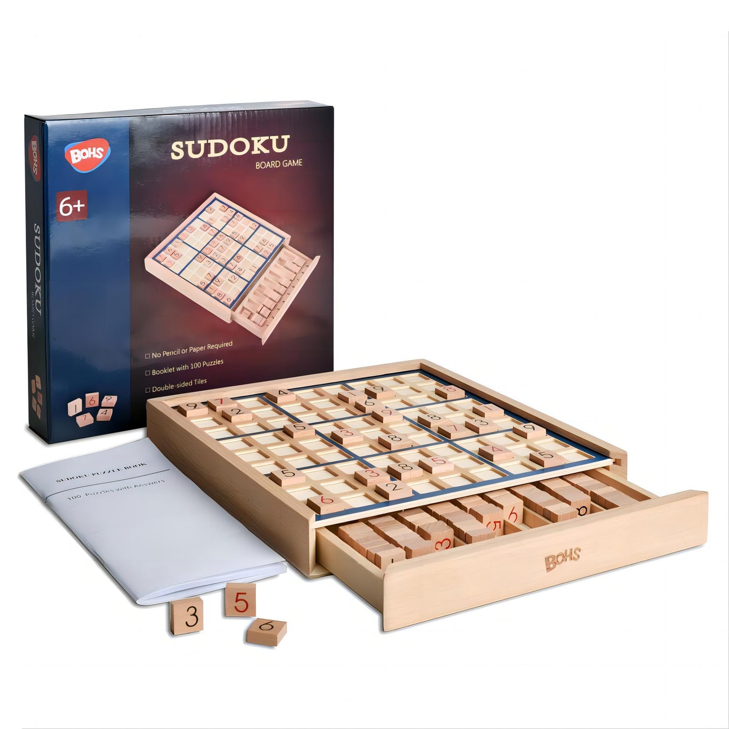 BOHS Wooden Sudoku Board Game with Drawer – 100 Puzzles Book – Brain Teaser Desktop Toy