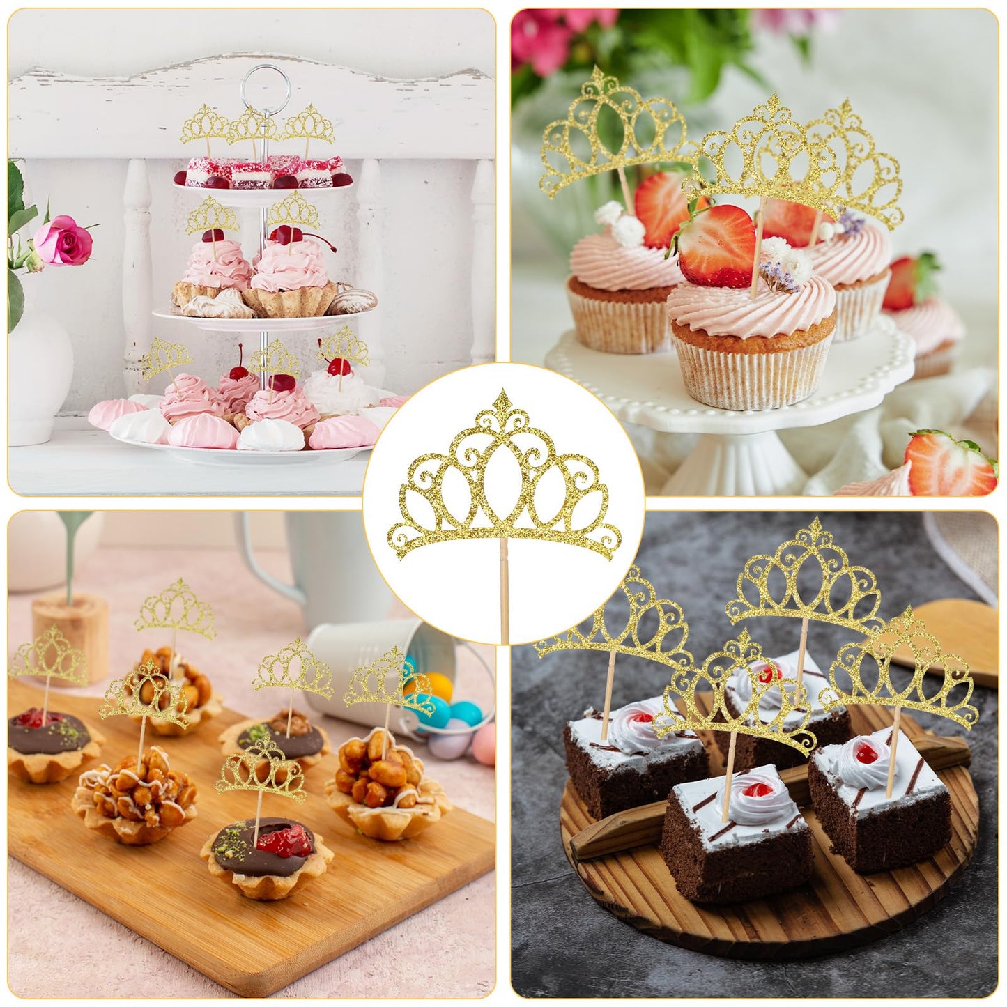 BOHUIZ Gold Crown Cupcake Toppers – 24 Pcs Glitter Queen Crowns for Birthday, Baby Shower, Wedding