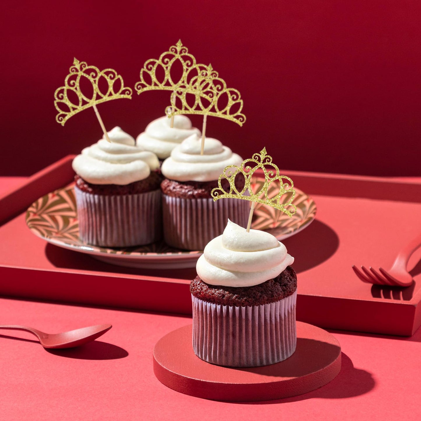 BOHUIZ Gold Crown Cupcake Toppers – 24 Pcs Glitter Queen Crowns for Birthday, Baby Shower, Wedding