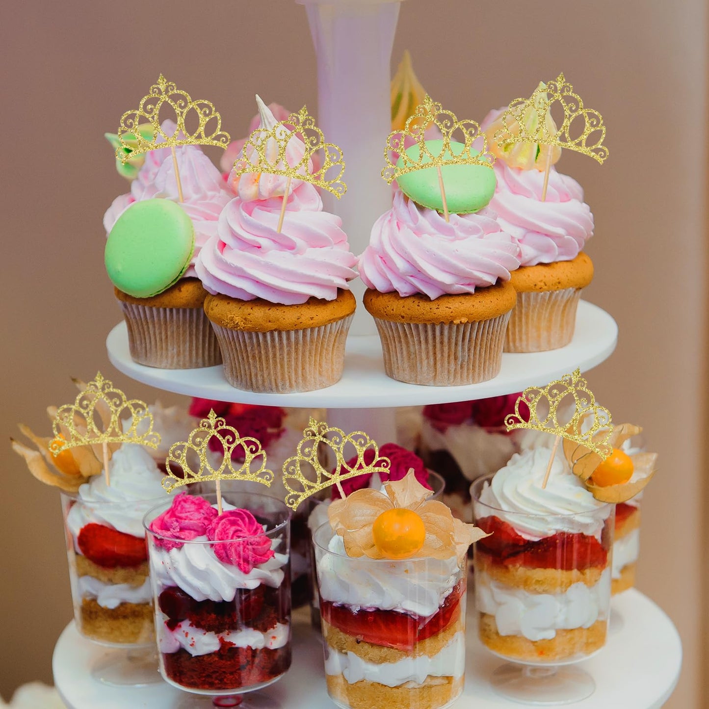 BOHUIZ Gold Crown Cupcake Toppers – 24 Pcs Glitter Queen Crowns for Birthday, Baby Shower, Wedding
