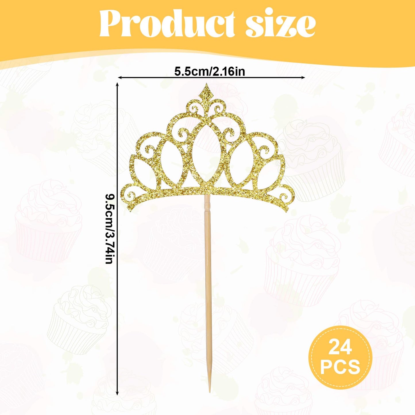 BOHUIZ Gold Crown Cupcake Toppers – 24 Pcs Glitter Queen Crowns for Birthday, Baby Shower, Wedding