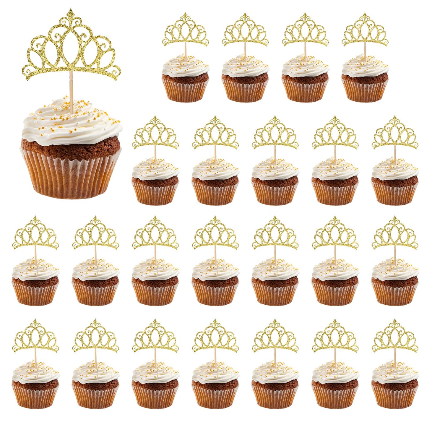 BOHUIZ Gold Crown Cupcake Toppers – 24 Pcs Glitter Queen Crowns for Birthday, Baby Shower, Wedding