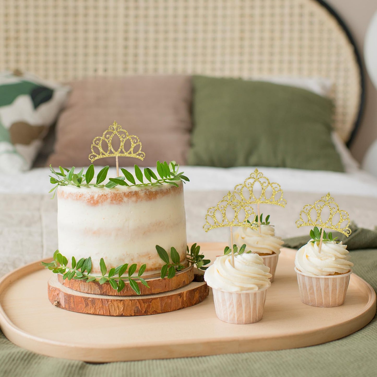 BOHUIZ Gold Crown Cupcake Toppers – 24 Pcs Glitter Queen Crowns for Birthday, Baby Shower, Wedding