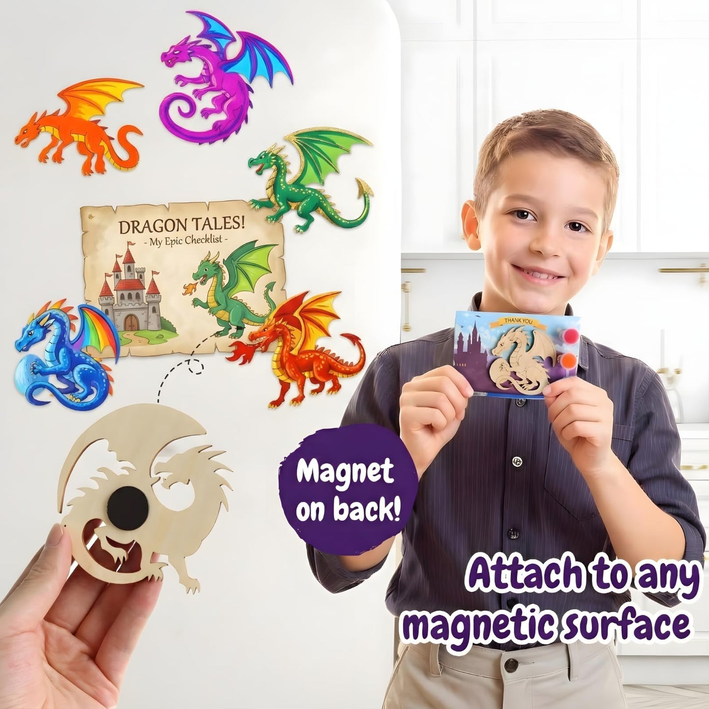 BOIKOKY Dragon Party Favors – 12 DIY Paint-Your-Own Wooden Dragon Magnets with Thank You Cards