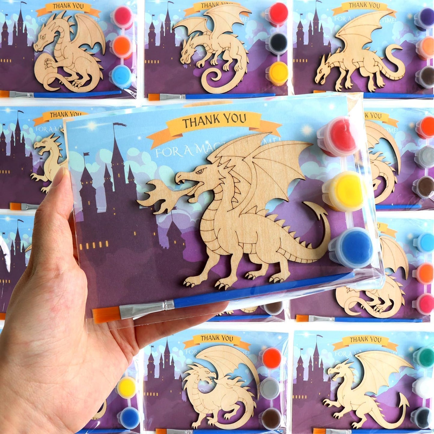 BOIKOKY Dragon Party Favors – 12 DIY Paint-Your-Own Wooden Dragon Magnets with Thank You Cards