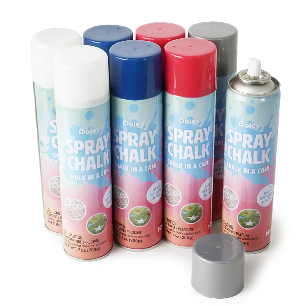 Boley 8-Pack Spray Chalk – Patriotic Red, White, Blue & Silver (7 oz) for Sidewalk, Pavement & Grass