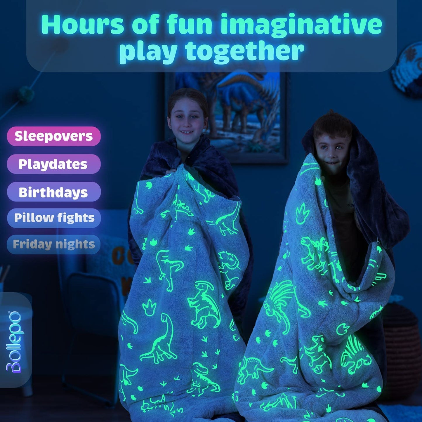 Bollepo Kids Sleeping Bag for Boys – Dinosaur Glow, Pillow Pocket, 66 by 33 inches, Ages 3+