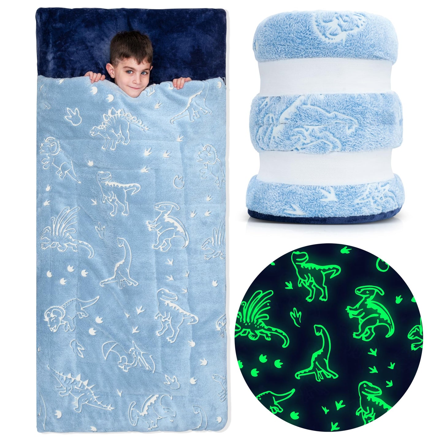 Bollepo Kids Sleeping Bag for Boys – Dinosaur Glow, Pillow Pocket, 66 by 33 inches, Ages 3+