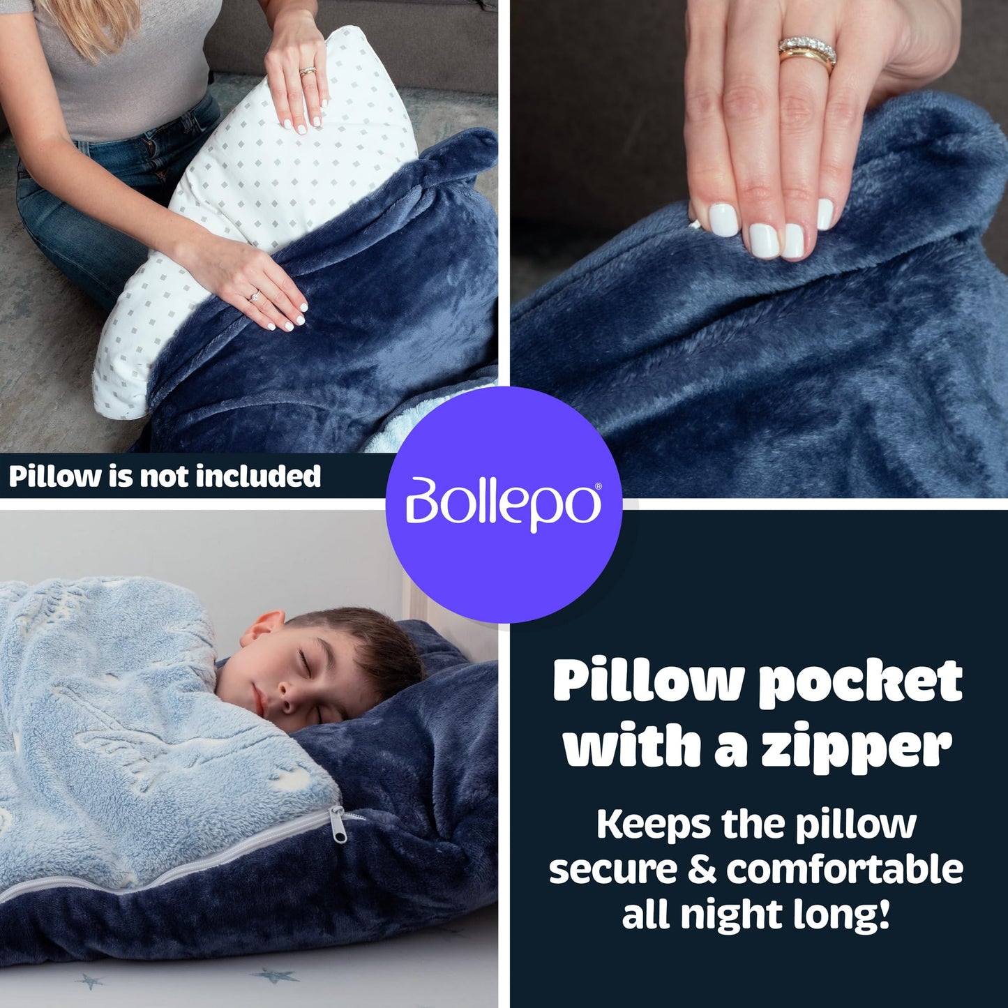 Bollepo Kids Sleeping Bag for Boys – Dinosaur Glow, Pillow Pocket, 66 by 33 inches, Ages 3+