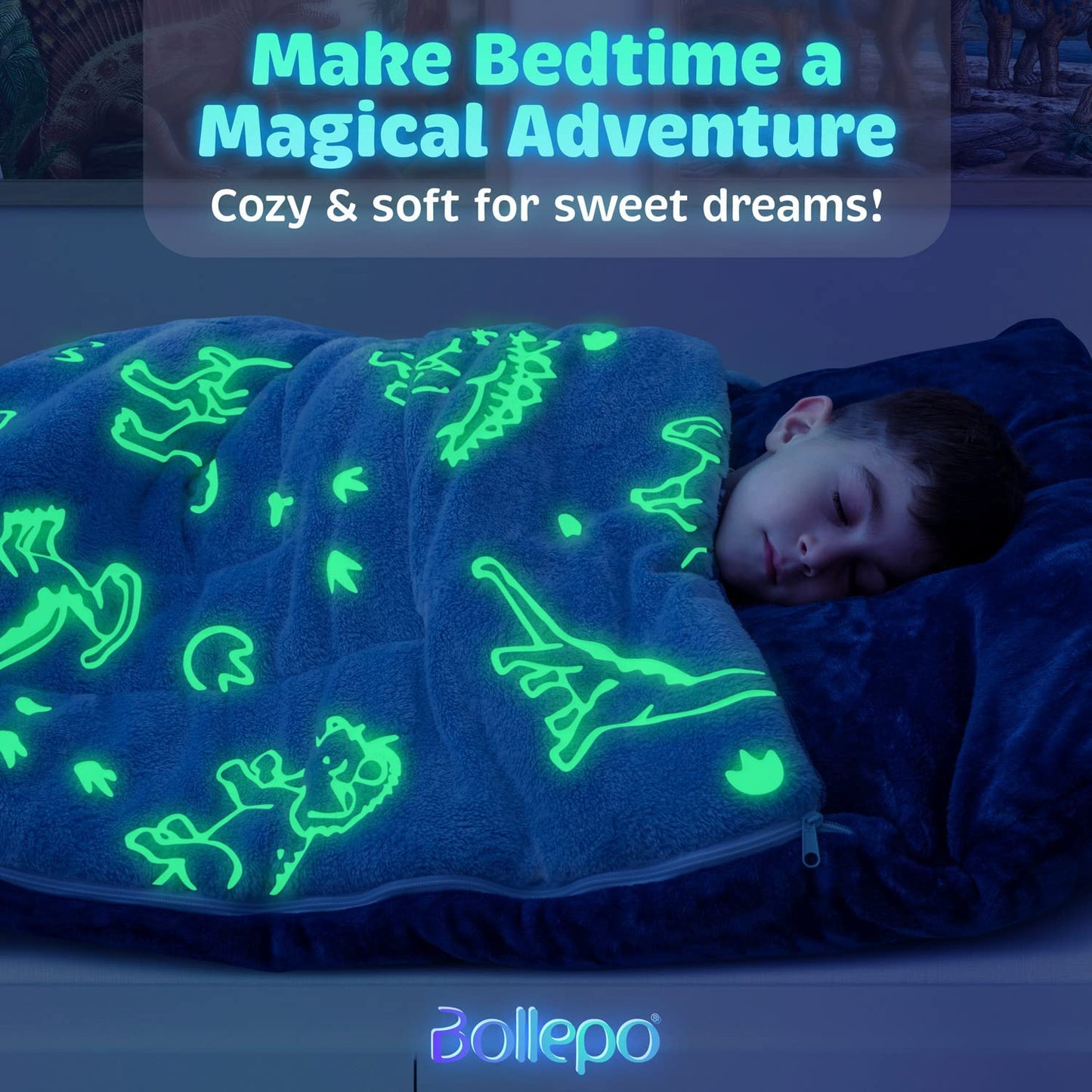 Bollepo Kids Sleeping Bag for Boys – Dinosaur Glow, Pillow Pocket, 66 by 33 inches, Ages 3+