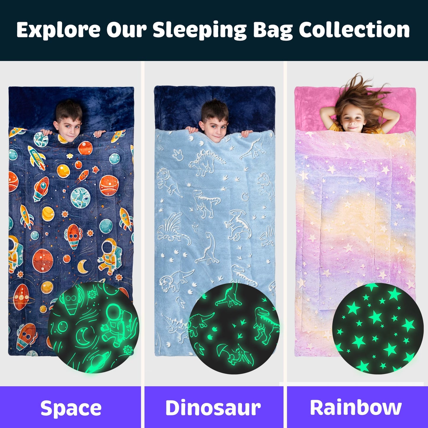 Bollepo Space Sleeping Bag for Kids – Extra Soft, Glow-in-The-Dark Adventure
