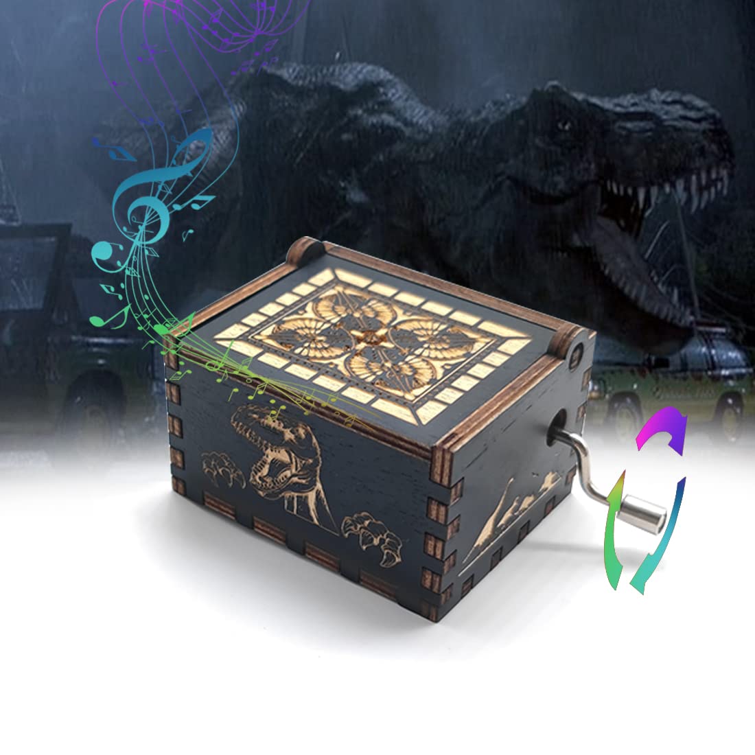 Bolunlun Jurassic Music Box — Wooden Hand-Cranked Gift for Fans & Kids