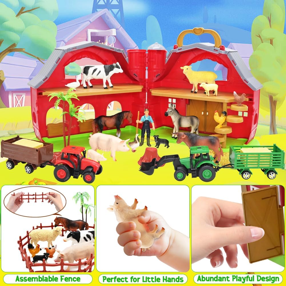 BOLZRA Farm Animals Big Red Barn Toy – 14 Figures, Tractors & Montessori Playset