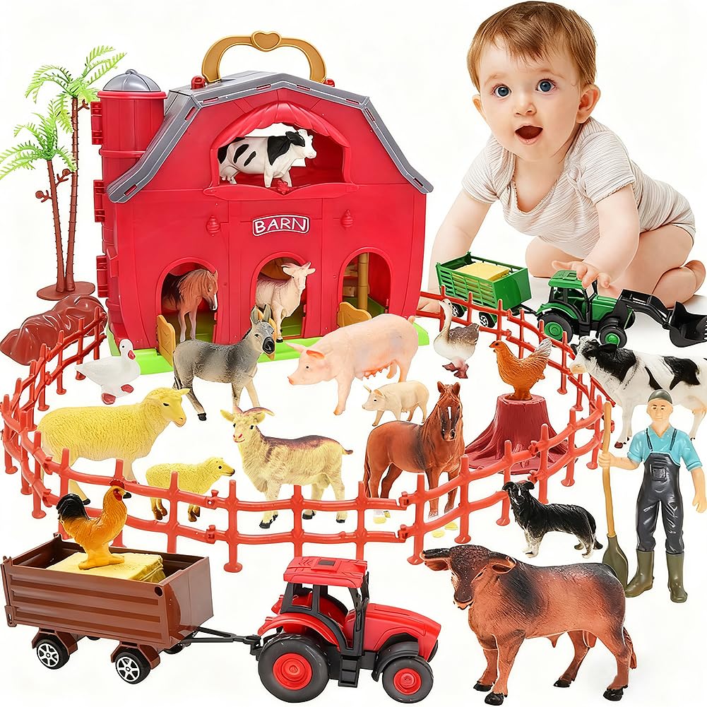 BOLZRA Farm Animals Big Red Barn Toy – 14 Figures, Tractors & Montessori Playset