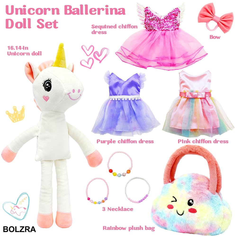 BOLZRA Ballerina Unicorn Toys for Girls 4-6 — 3 Dress-Up Sets with Rainbow Plush Bag