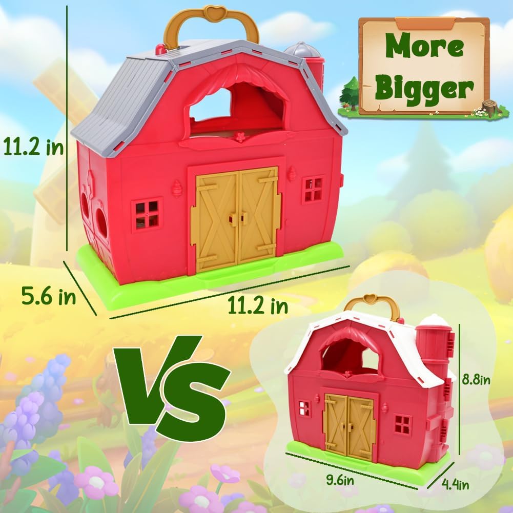 BOLZRA Farm Animals Big Red Barn Toy – 14 Figures, Tractors & Montessori Playset