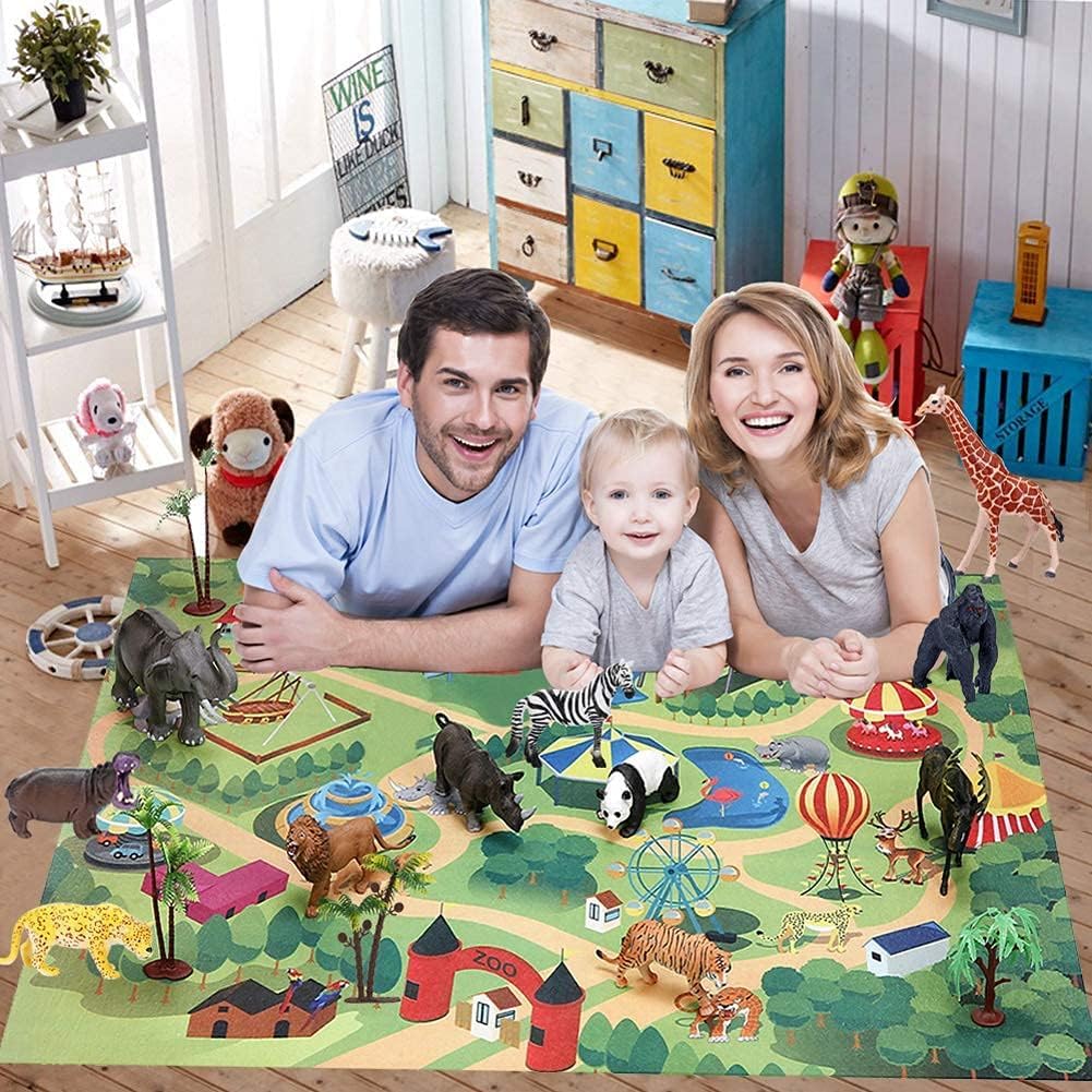 BOLZRA Safari Animals Figures Playset with Mat & Storage Box | 22 Pcs Jungle Toys for Kids 3-5