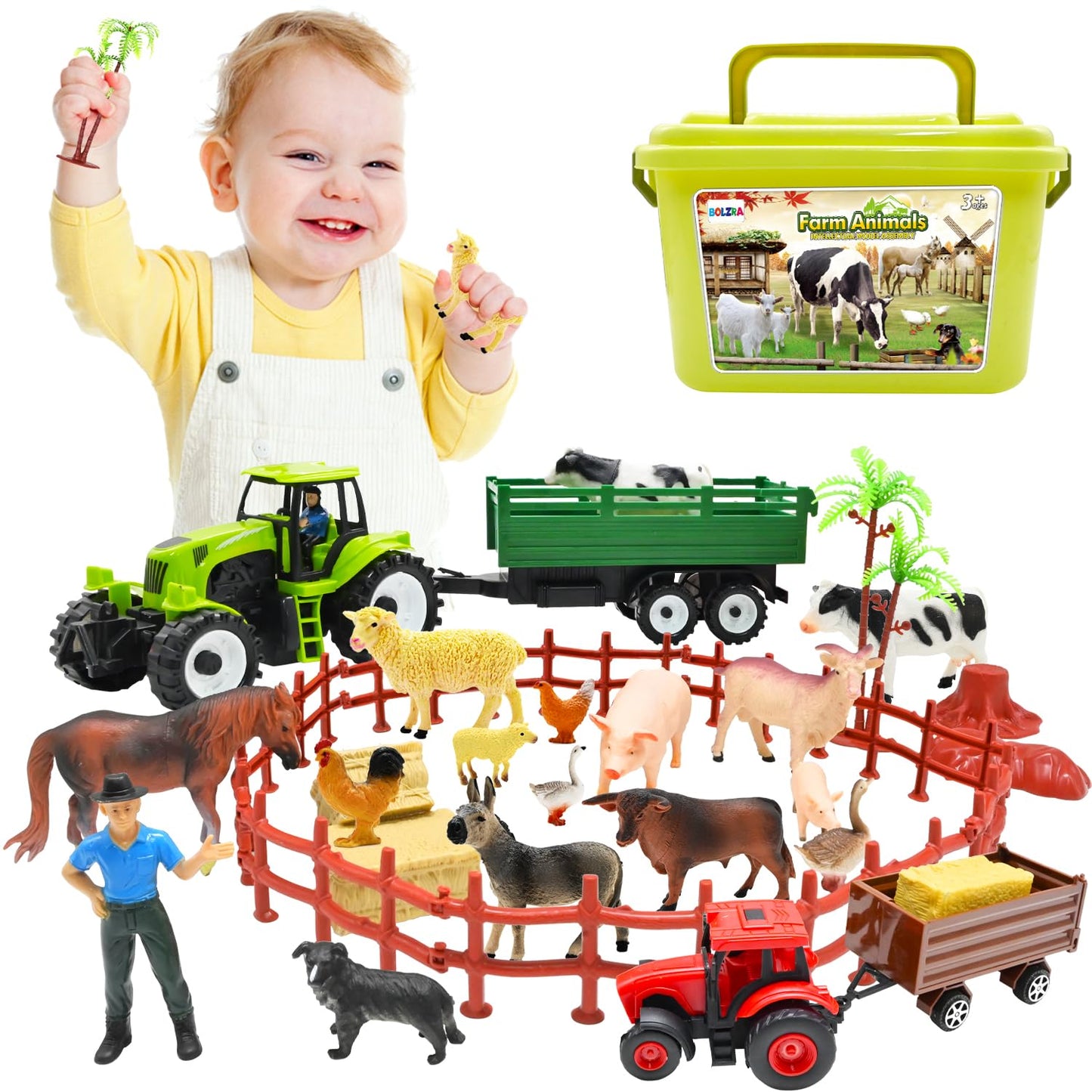 BOLZRA Farm Animal Figures Toy – 2 Tractor Playset with Trailer & Storage Box (Ages 3-8)
