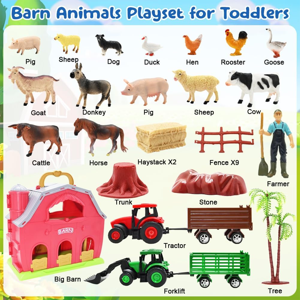 BOLZRA Farm Animals Big Red Barn Toy – 14 Figures, Tractors & Montessori Playset