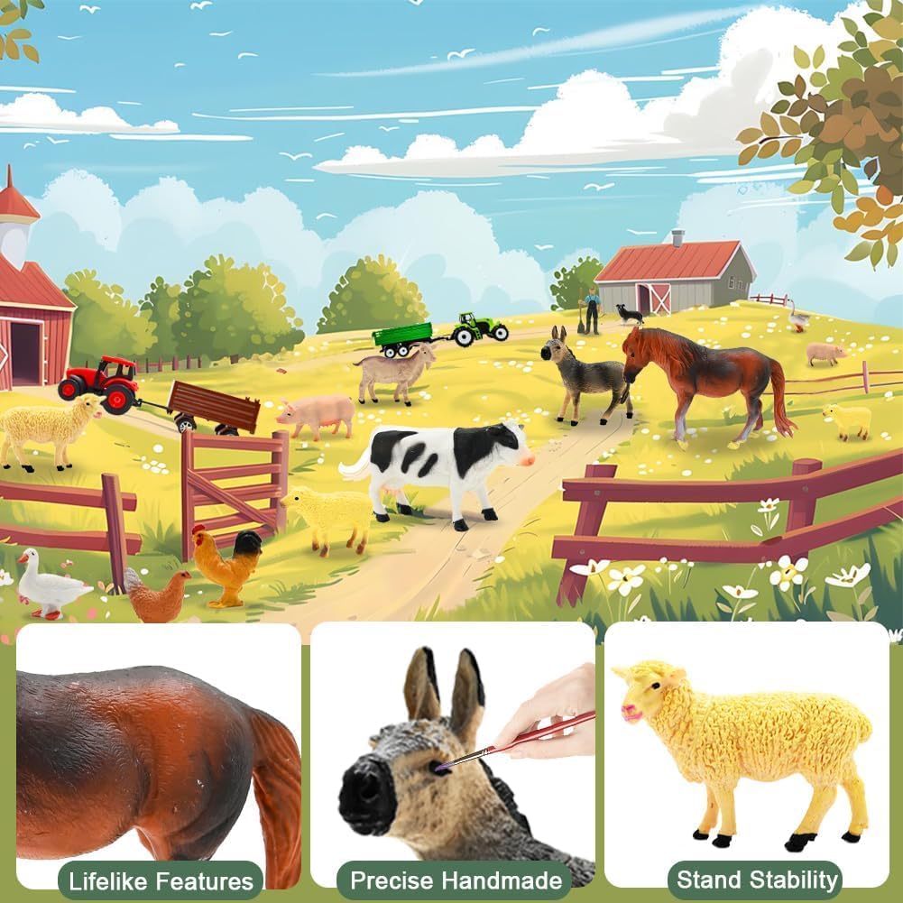 BOLZRA Farm Animal Figures Toy – 2 Tractor Playset with Trailer & Storage Box (Ages 3-8)