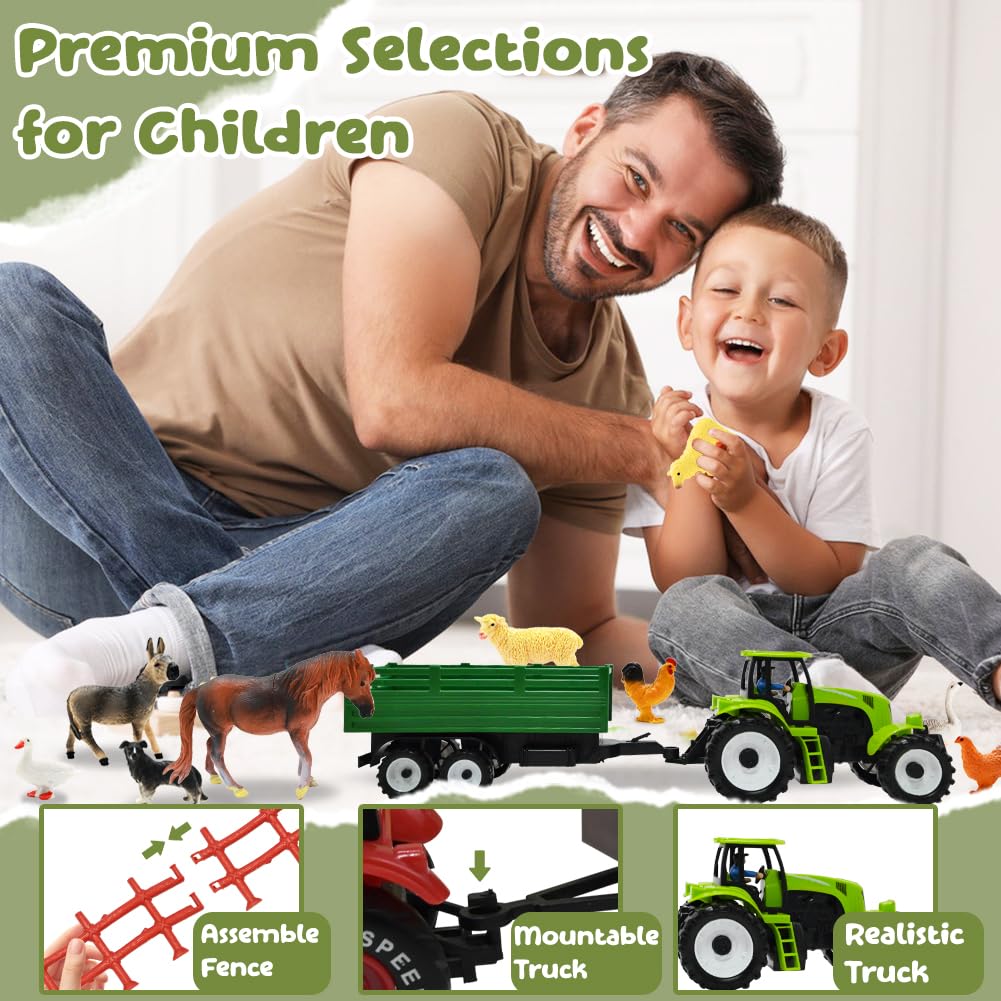 BOLZRA Farm Animal Figures Toy – 2 Tractor Playset with Trailer & Storage Box (Ages 3-8)