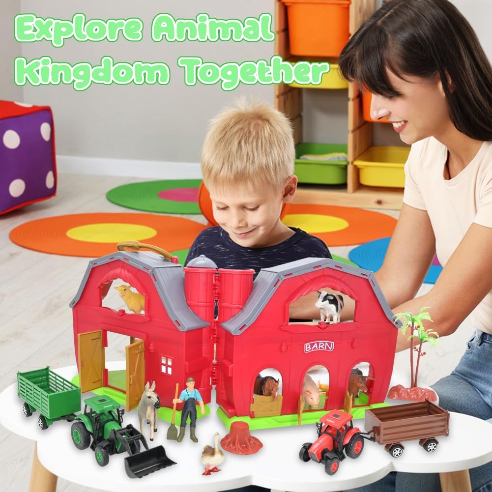 BOLZRA Farm Animals Big Red Barn Toy – 14 Figures, Tractors & Montessori Playset