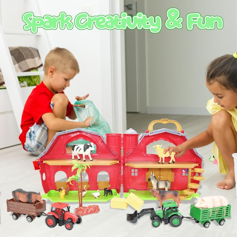 BOLZRA Farm Animals Big Red Barn Toy – 14 Figures, Tractors & Montessori Playset