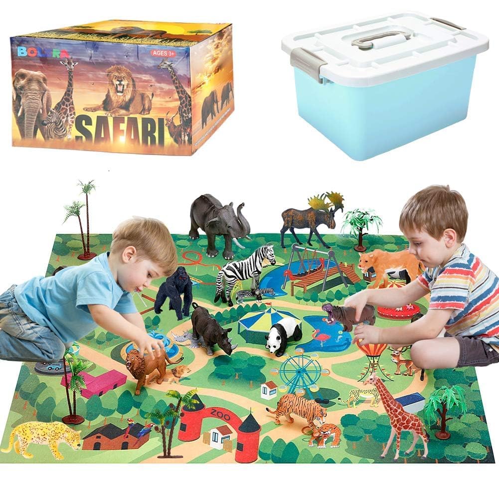 BOLZRA Safari Animals Figures Playset with Mat & Storage Box | 22 Pcs Jungle Toys for Kids 3-5