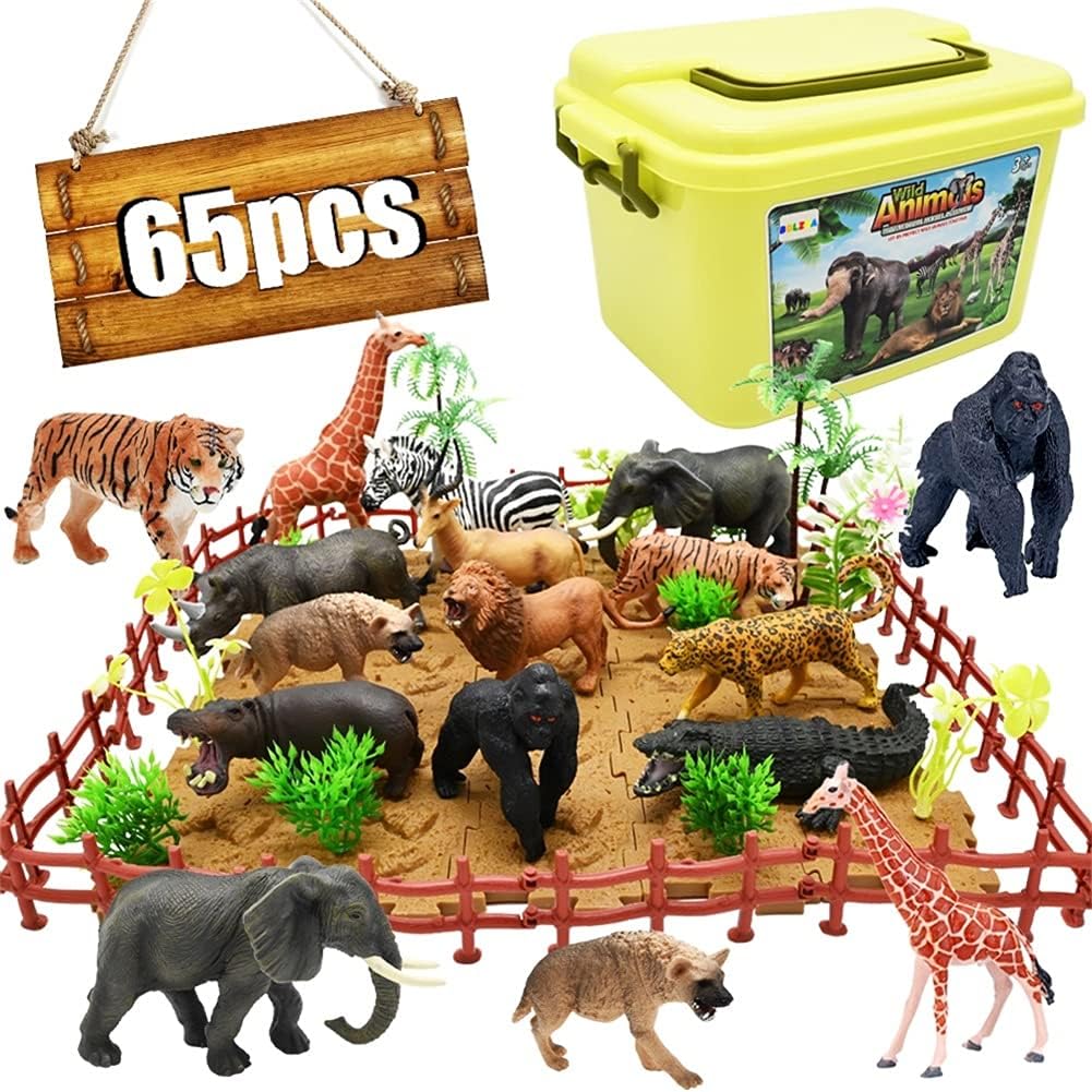 BOLZRA 65PCS Safari Animals Set — Realistic Jungle Figures with Fence Blocks & Storage Box