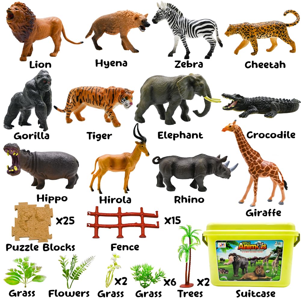 BOLZRA 65PCS Safari Animals Set — Realistic Jungle Figures with Fence Blocks & Storage Box