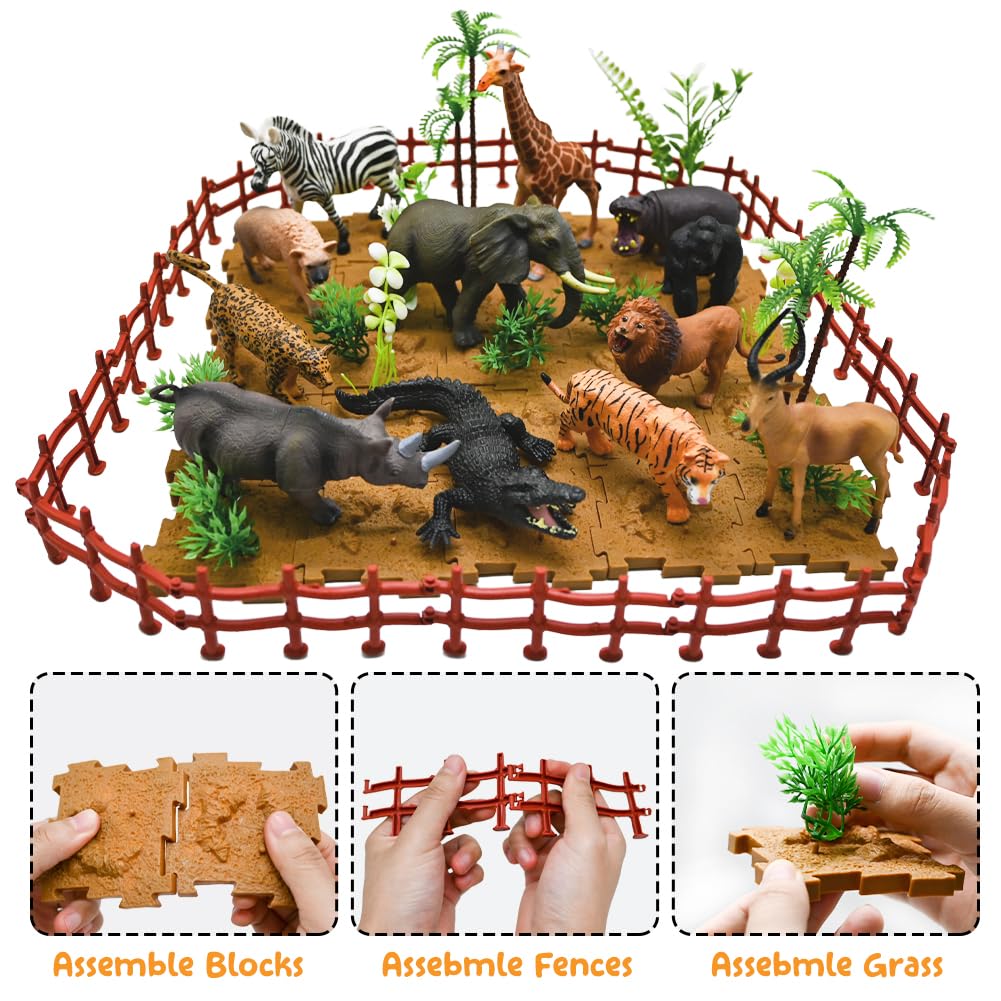 BOLZRA 65PCS Safari Animals Set — Realistic Jungle Figures with Fence Blocks & Storage Box
