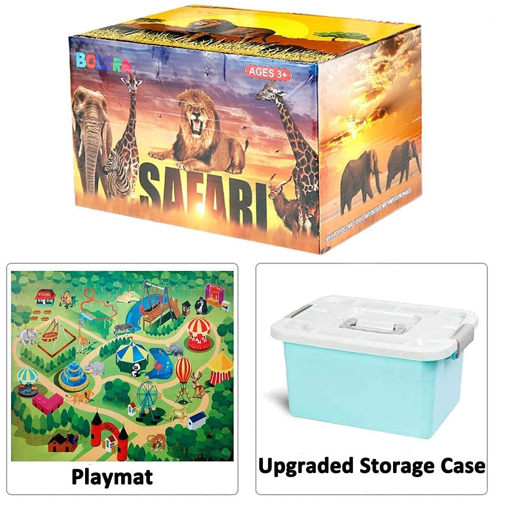 BOLZRA Safari Animals Figures Playset with Mat & Storage Box | 22 Pcs Jungle Toys for Kids 3-5