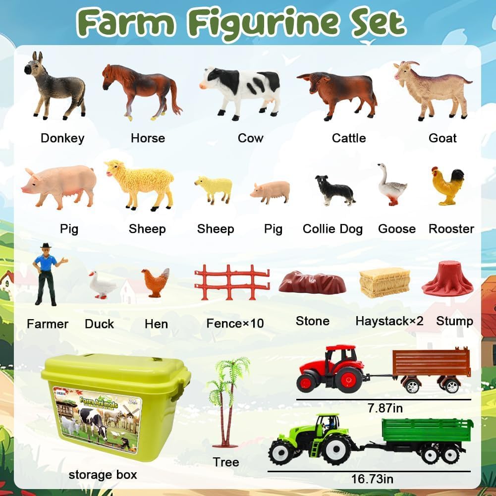 BOLZRA Farm Animal Figures Toy – 2 Tractor Playset with Trailer & Storage Box (Ages 3-8)