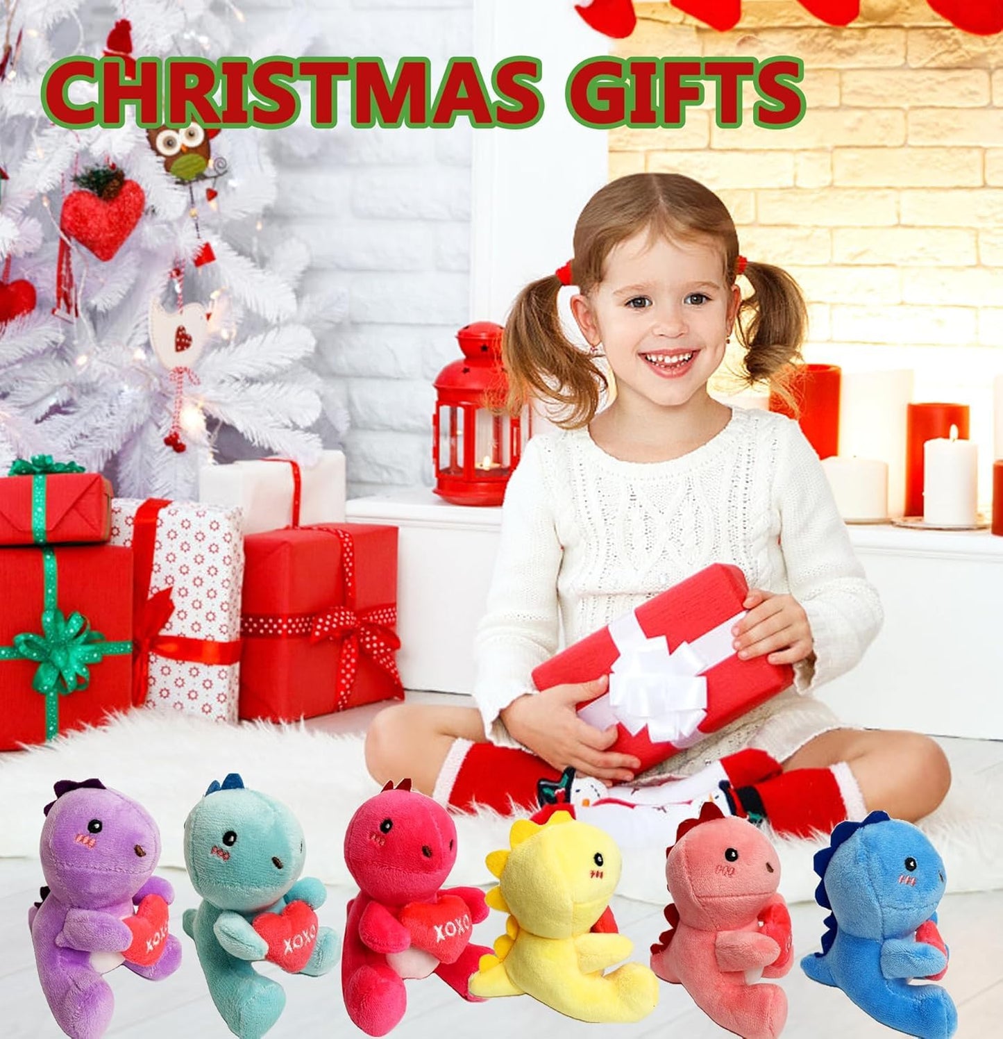 BOMBPARK 6-Piece Dinosaur Plush Toy Set with Red Heart – Cute Kids Gifts