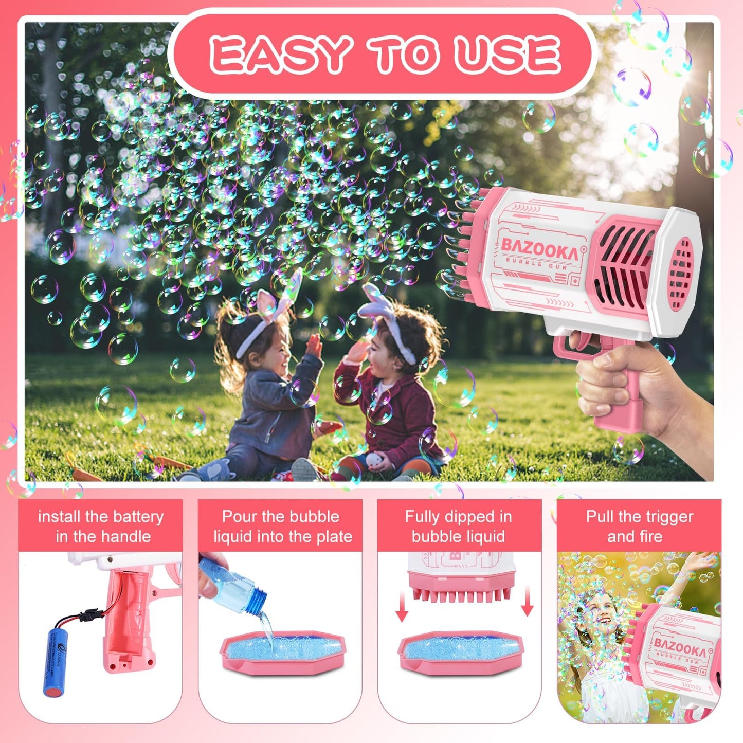 BOMOCO Bubble Gun – 69-Hole Bubble Blaster with Lights for Outdoor Kids Fun