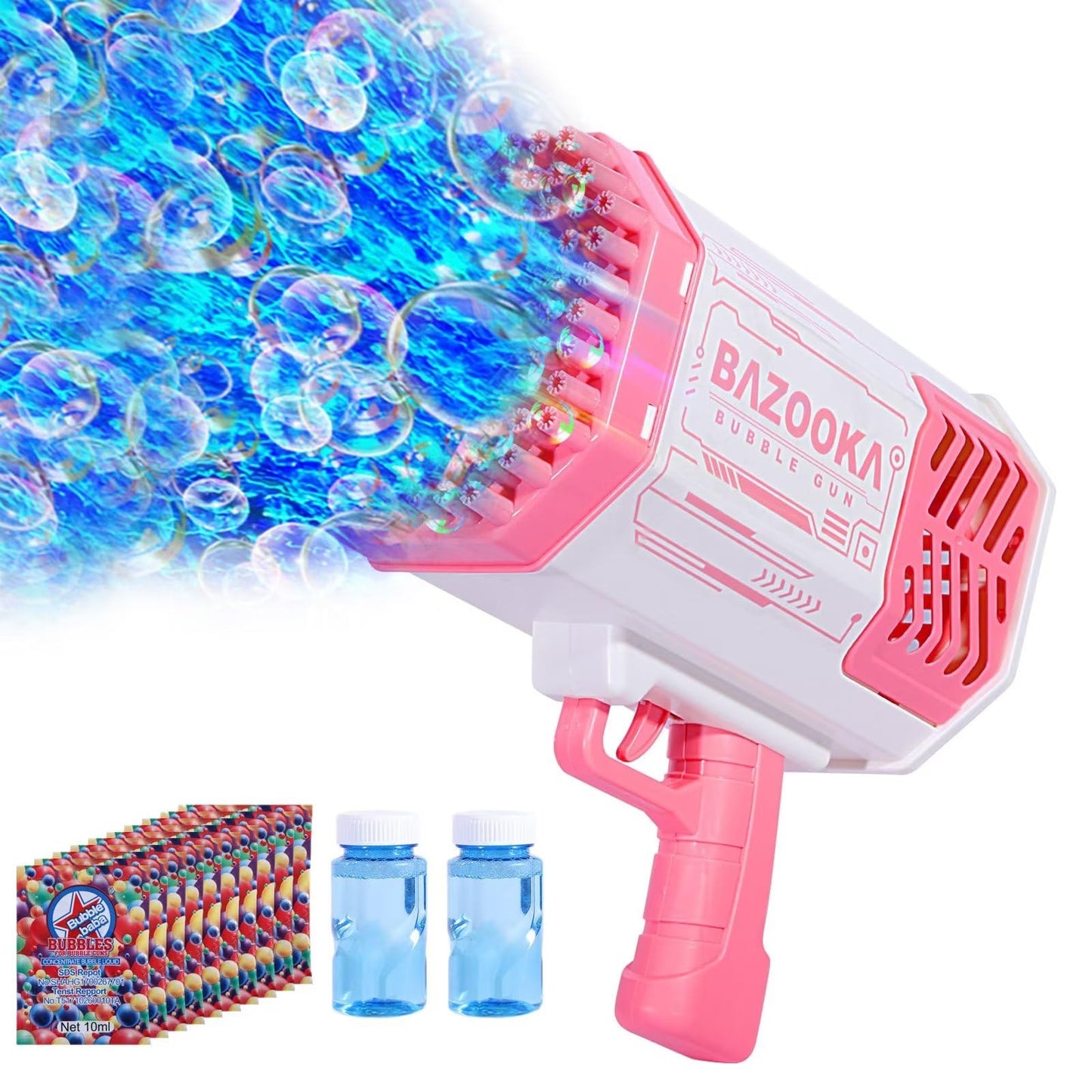 BOMOCO Bubble Gun – 69-Hole Bubble Blaster with Lights for Outdoor Kids Fun
