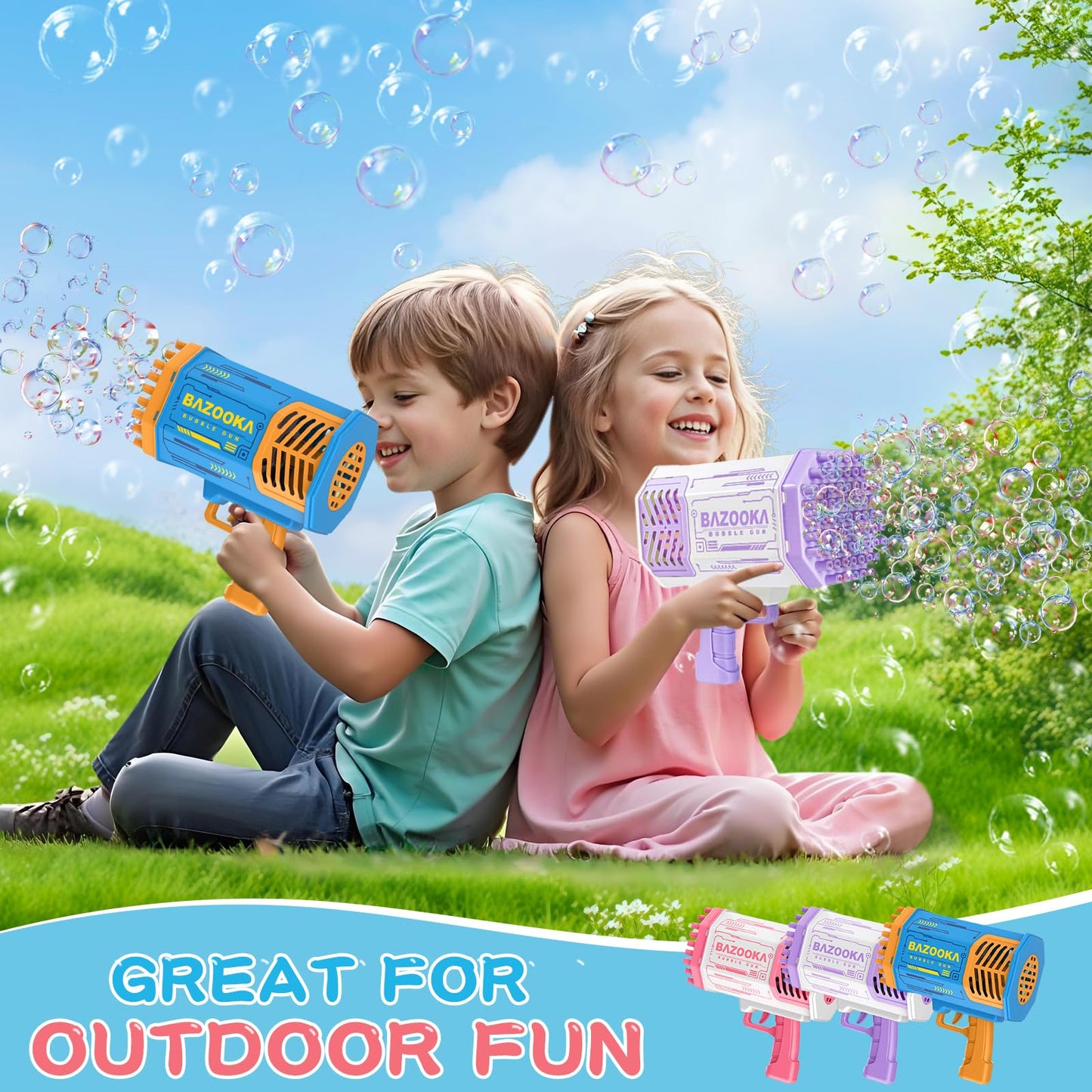BOMOCO Bubble Gun – 69-Hole Bubble Blaster with Lights for Outdoor Kids Fun