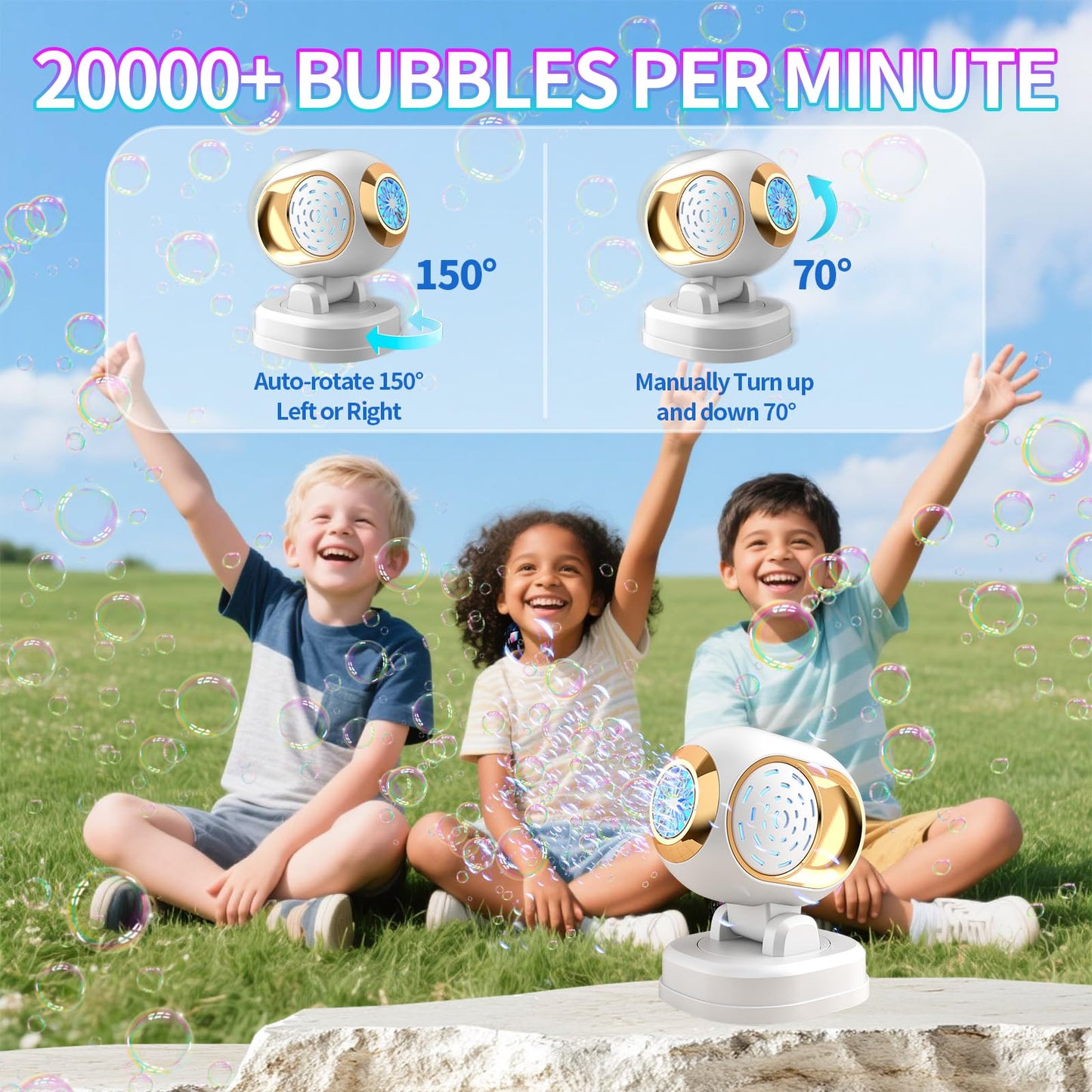 BOMOCO Battery Bubble Machine – 20k+ Bubbles/Min, 150° Rotating