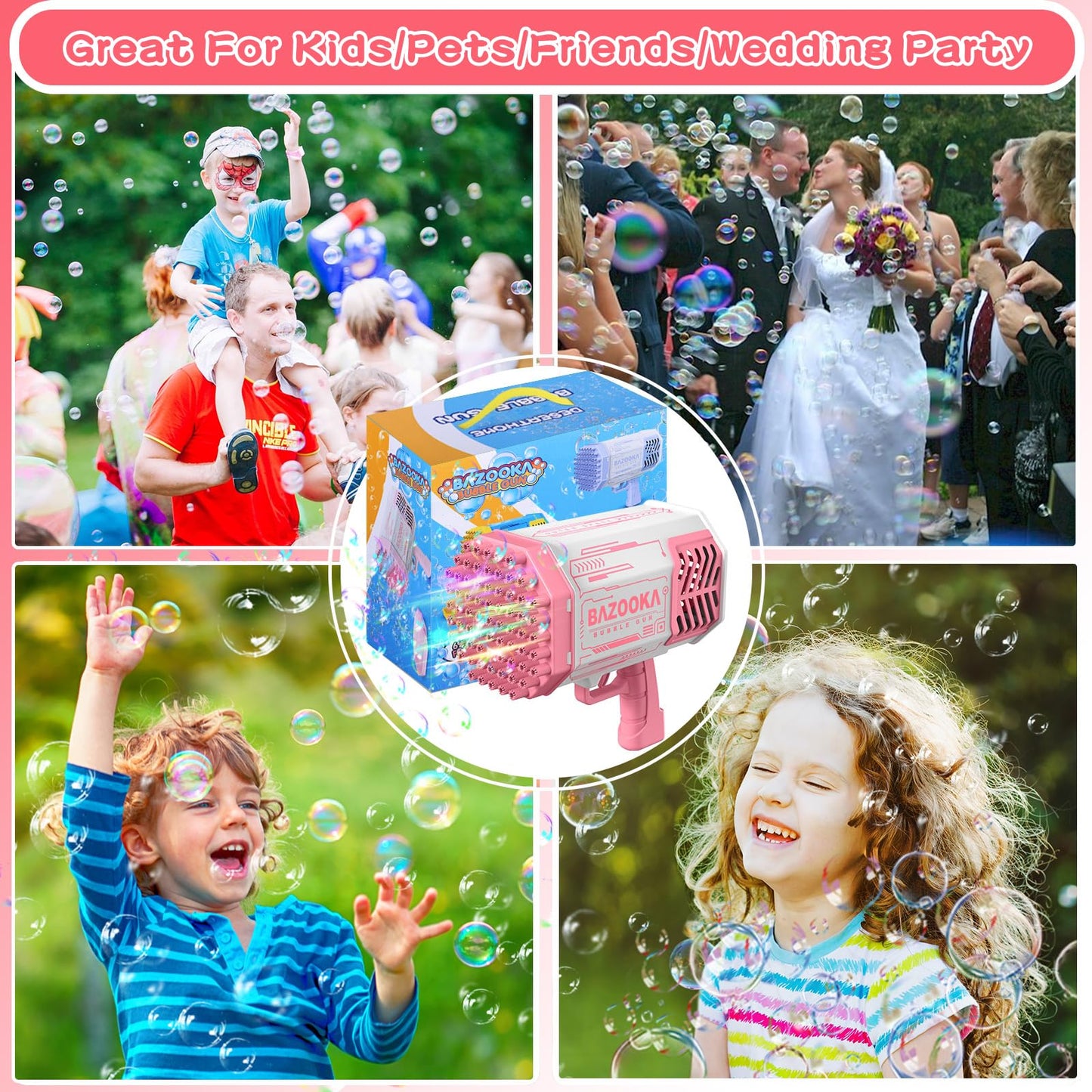 BOMOCO Bubble Gun – 69-Hole Bubble Blaster with Lights for Outdoor Kids Fun