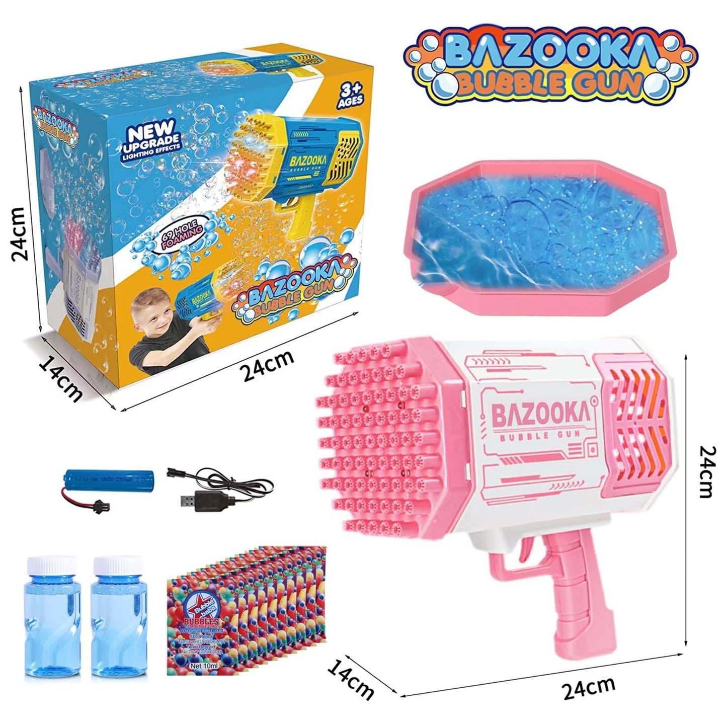 BOMOCO Bubble Gun – 69-Hole Bubble Blaster with Lights for Outdoor Kids Fun