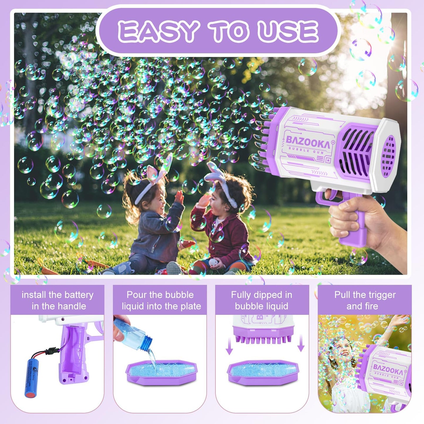 BOMOCO Bubble Gun 69 Holes Bubble Machine – Colorful Bubbles for Kids
