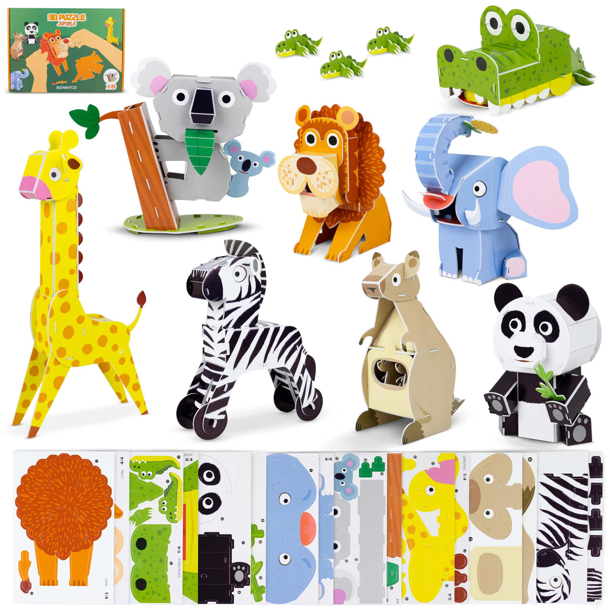 BONNYCO 3D Jungle Animals Puzzles Pack – 8 Foam Puzzles for Kids Aged 6-13