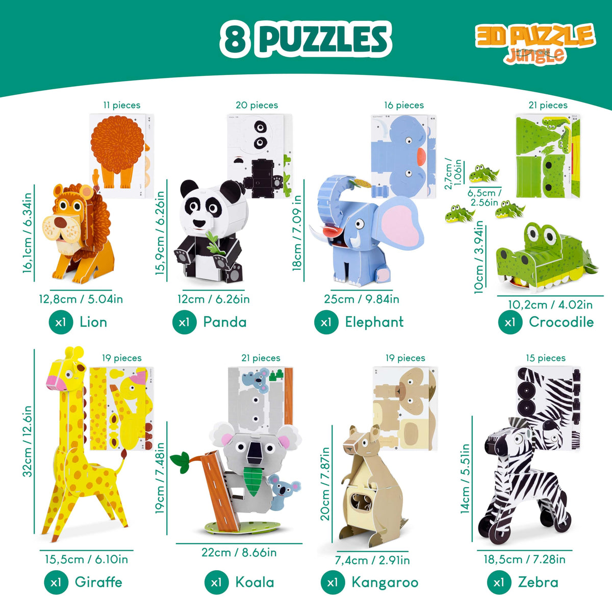 BONNYCO 3D Jungle Animals Puzzles Pack – 8 Foam Puzzles for Kids Aged 6-13