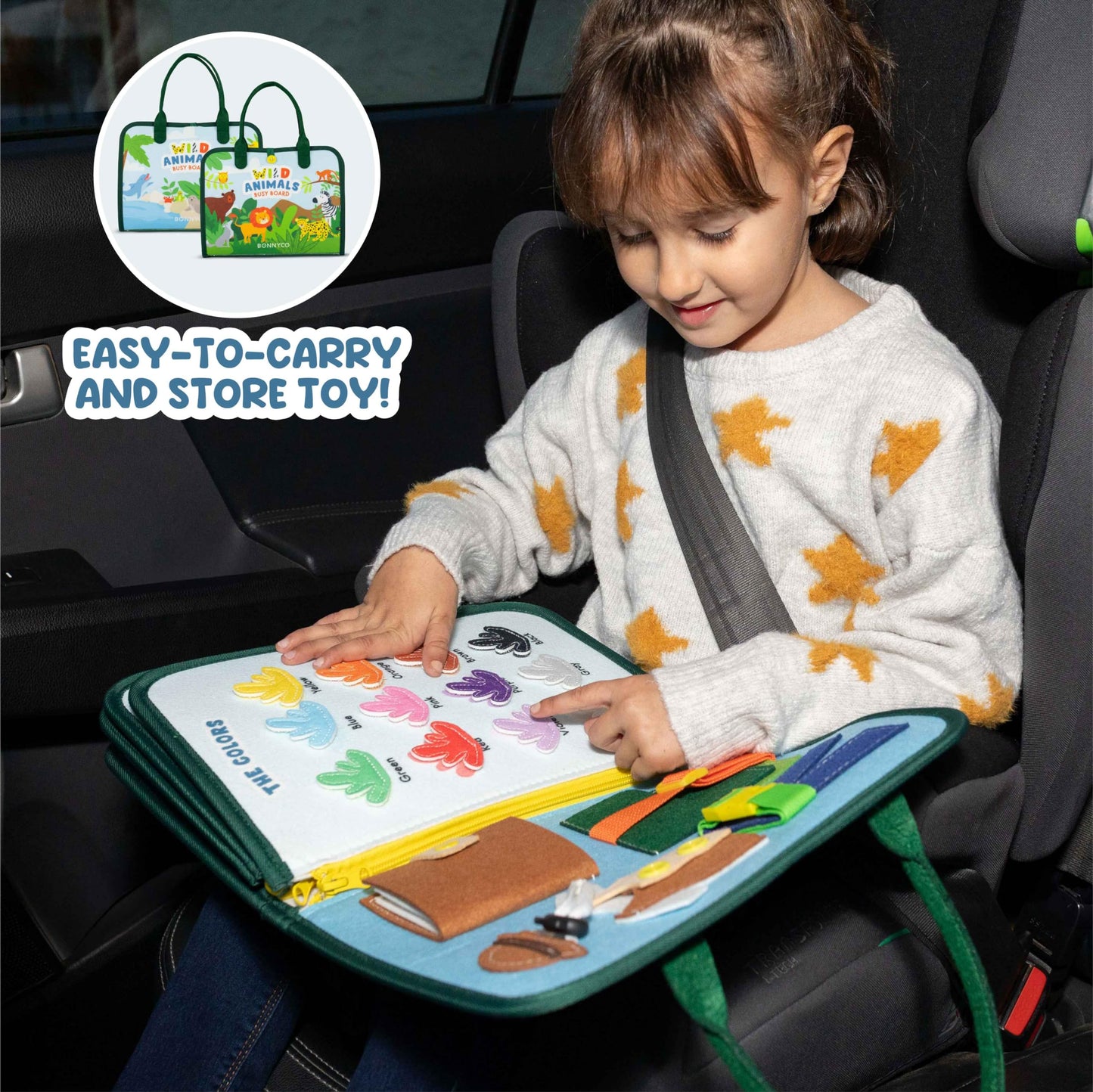BONNYCO Busy Board for Toddlers – Montessori Travel Activity with 8 Tasks