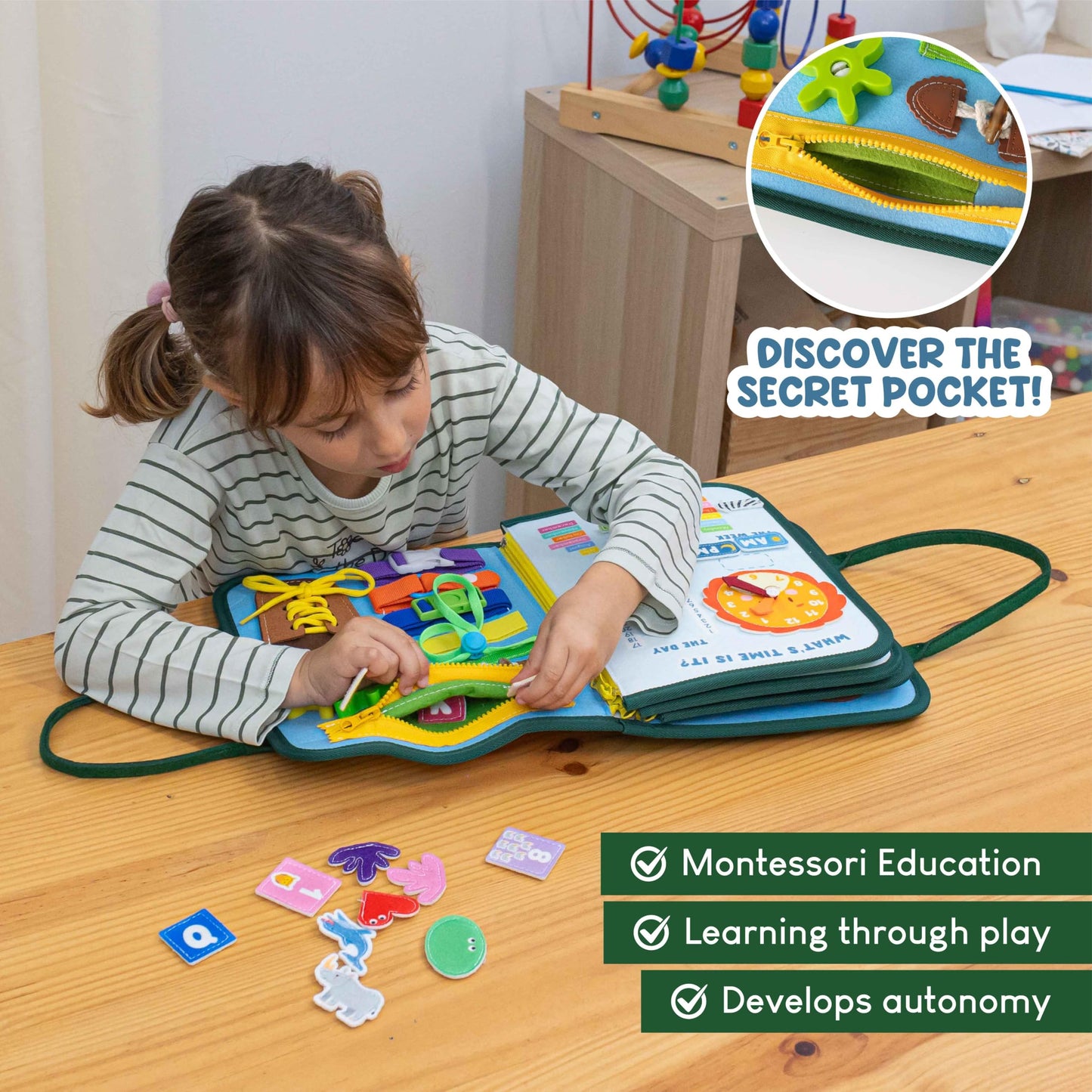 BONNYCO Busy Board for Toddlers – Montessori Travel Activity with 8 Tasks