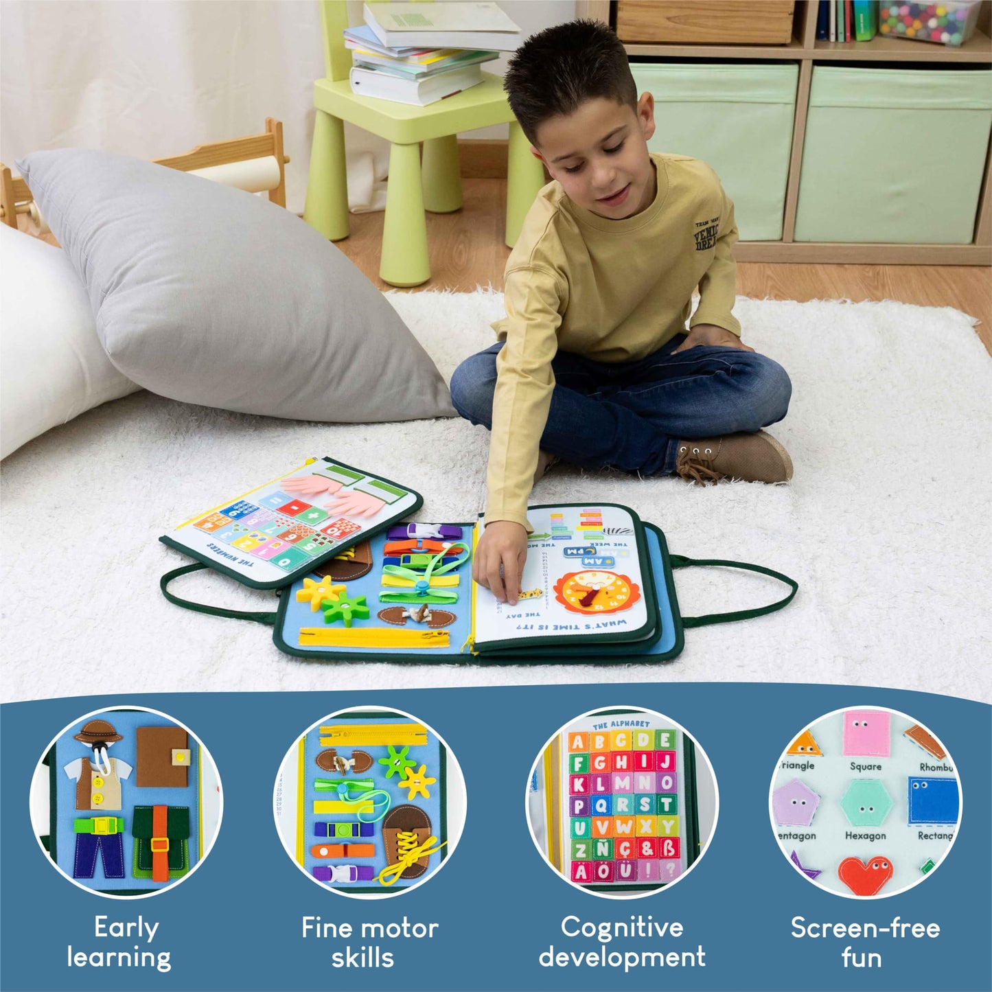 BONNYCO Busy Board for Toddlers – Montessori Travel Activity with 8 Tasks