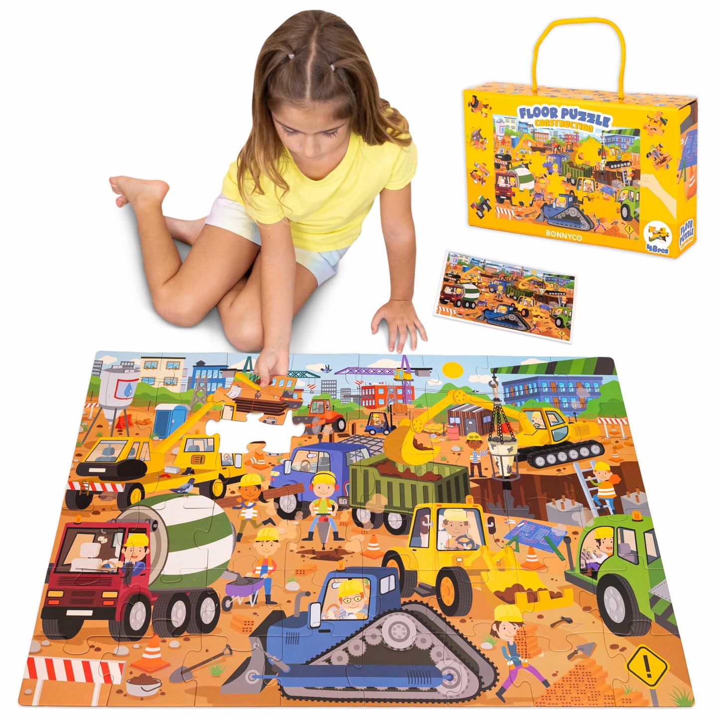 BONNYCO Giant Floor Puzzle – Construction Site with 48 Large Pieces | Jumbo 36.2 x 24.4 in | Educational Kids Toy 2-8