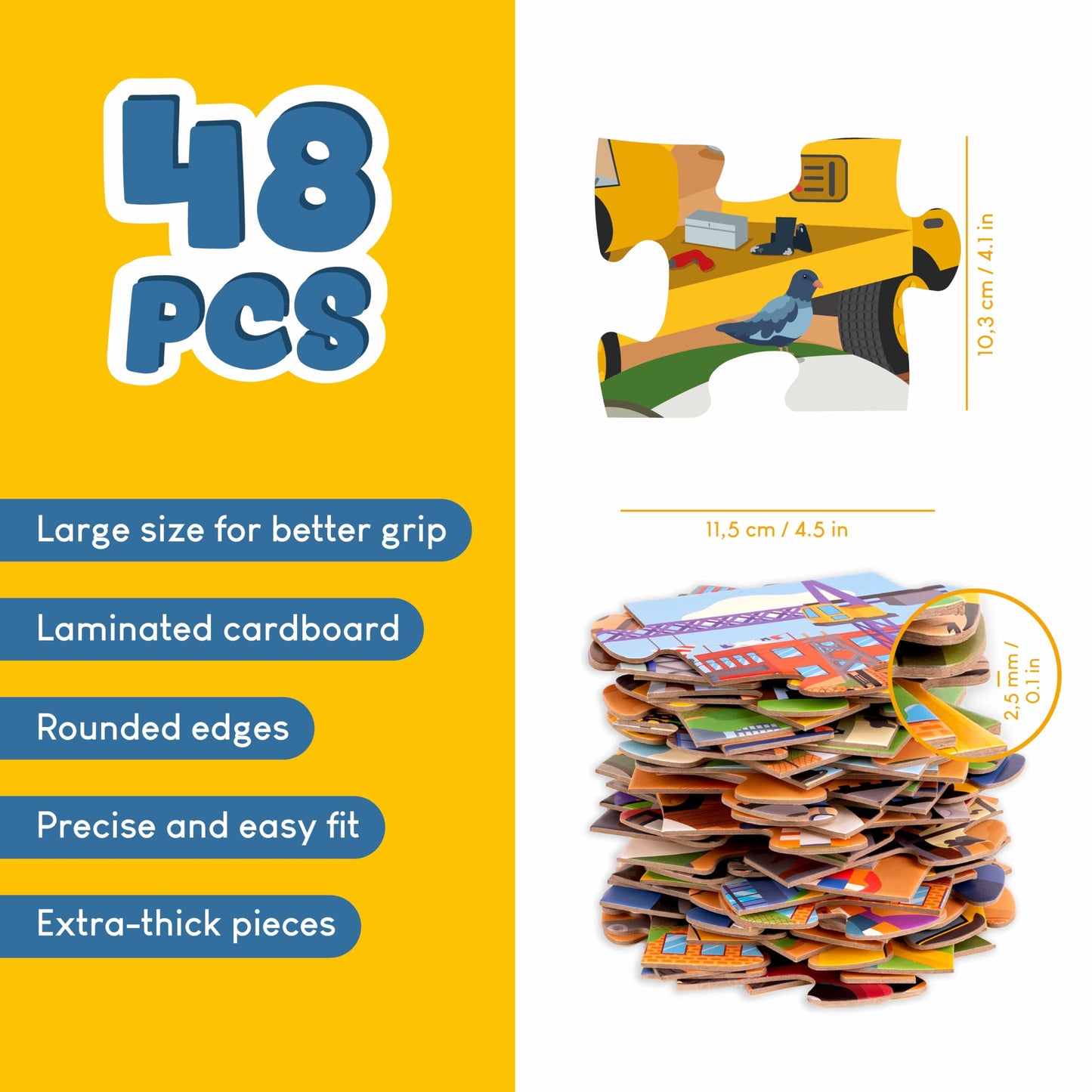 BONNYCO Giant Floor Puzzle – Construction Site with 48 Large Pieces | Jumbo 36.2 x 24.4 in | Educational Kids Toy 2-8
