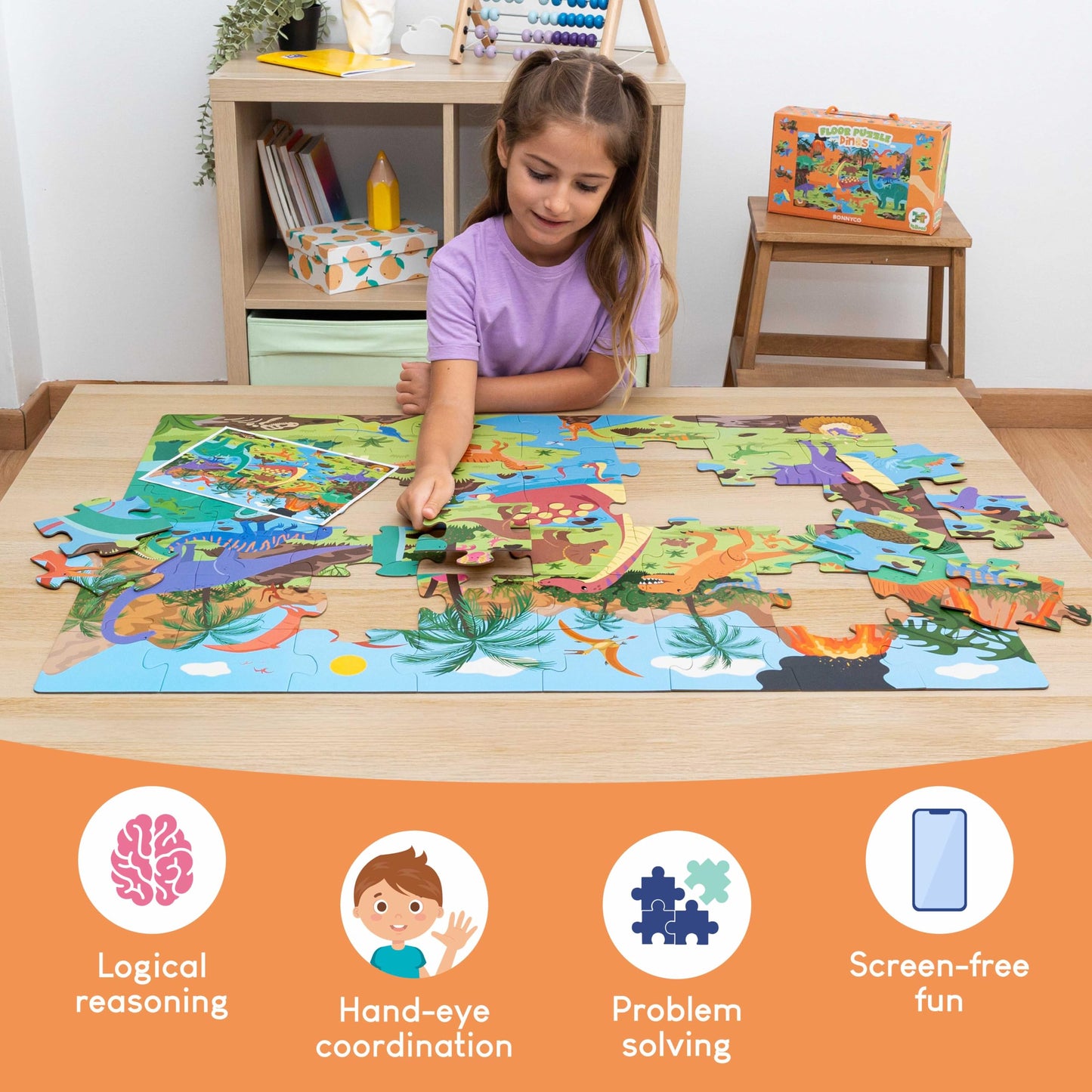 BONNYCO Giant Floor Puzzle for Kids – 48 Large Dinosaur Pieces (36.2 x 24.4 in)